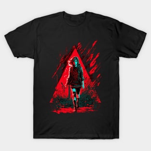 Cyberpunk Girl On Red Triangular Neon Background T-Shirt